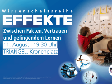 Auf dem blauen EFFEKTE Hintergrund ist das Logo und die Daten zur Veranstaltung links zu sehen. Rechts ist rund ein Foto mit folgendem Inhalt: Vier Kinder im Klassenzimmer zeigen mit ihren Fingern auf eine Pinnwand mit Bildern von Tieren und deren Anfangsbuchstaben