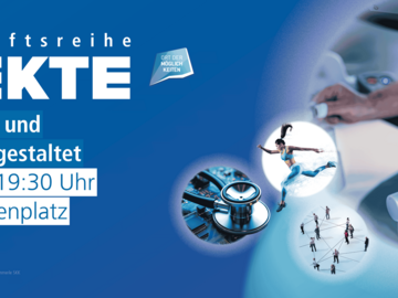 Auf blauem Hintergrund ist das EFFKTE-Logo und die Daten der Veranstaltung. Links verschiedene Bilder zu Bewegung und Medizin, auf dem großen runden Bild der Ausschnitt eines Menschen im Labor mit grünem Kittel, dessen Hände bei einem technischen Gerät etwas einstellen.
