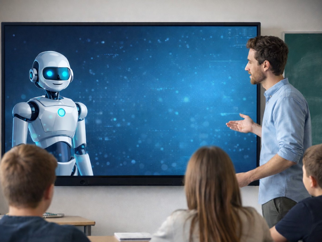 In einem Klassenzimmer sind Schüer von hinten zu sehen. Sie schauen auf den Lehrer vor einem großen Bildschirm, der sich mit einem Roboter im bildschirm unterhält.