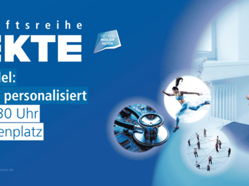 Auf blauem Hintergrund ist das EFFKTE-Logo und die Daten der Veranstaltung. Links verschiedene Bilder zu Bewegung und Medizin, auf dem großen runden Bild ein Mediziner im weißen Kittel mit zwei technischen Geräten