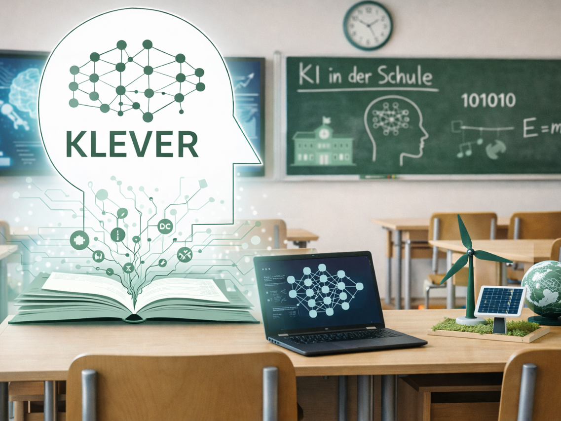 Blick in ein Klassenzimmer, im Hintergrund eine Tafel und ein Bildschirm nebeneinader, im vordergrund ein Laptop, Baum und Weltkugel auf einem Pult. Daneben - als Zeichnung - ein Buch, aus dem ein Kopf mit dem Schriftzug KLEVER erscheint.