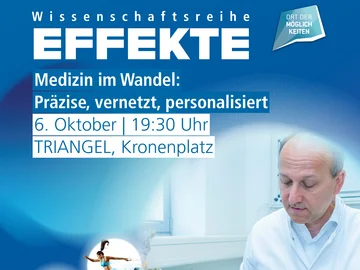 Auf blauem Hintergrund ist das EFFKTE-Logo und die Daten der Veranstaltung. Links verschiedene Bilder zu Bewegung und Medizin, auf dem großen runden Bild ein Mediziner im weißen Kittel mit zwei technischen Geräten