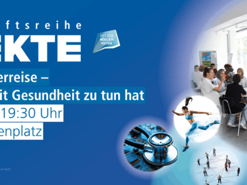 Auf blauem Hintergrund ist das EFFKTE-Logo und die Daten der Veranstaltung. Links verschiedene Bilder zu Bewegung und Medizin, ein großes Rundes zeigt Gruppen an Tischen im Gespräch.