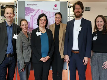 Beim Zukunftsforum Bildungsforschung 2024: (v.l.) Stefan Wörmann, Juliane Zeiser, Prof. Dr. Barbara Asbrand, Prof. Dr. Annettte Worth, Jun.-Prof. Dr. Sebastian Engelmann und Kerstin Aberle. Foto: PHKA