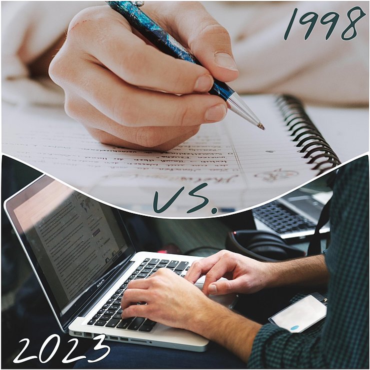 Schreiben 1998 vs 2023 Oben schreibt jemand mit der Hand auf Papier, unten - getrennt durch einne welligen Strich - schreibt jemand auf dem Laptop. Es ist beschriftet mit 1998 vs 2023.