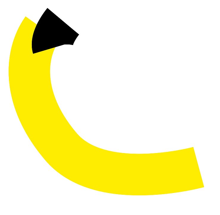 Semesteropening Wintersemester 25/26 Das Bild zeigt eine weiße Fläche mit einem großen, bogenförmigen Balken in kräftigem Gelb. Der Balken beginnt links unten, verläuft in einer geschwungenen Form nach rechts und endet am unteren rechten Bildrand. Am oberen linken Ende des gelben Bogens befindet sich ein schwarzes, keilförmiges Element, das wie ein Pfeil nach links oben zeigt