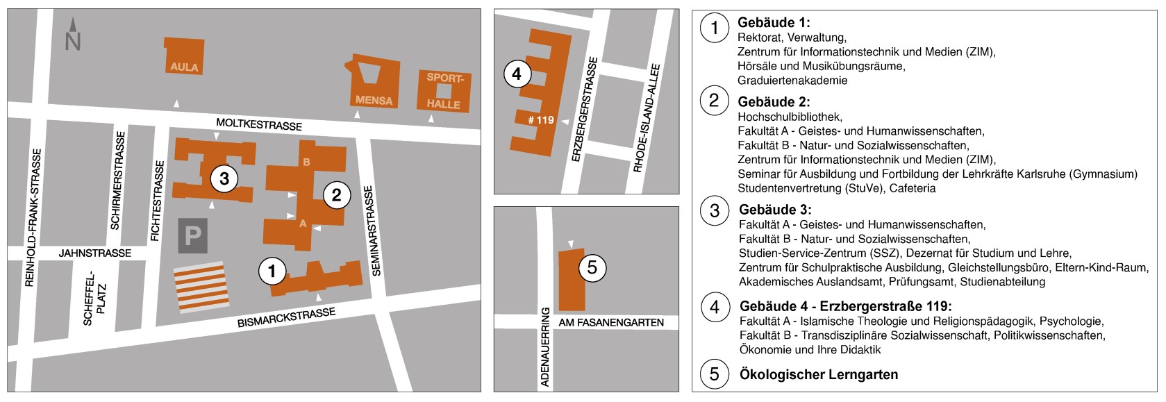 Gebäudeplan der Hochschule. Erläuterung im Text darüber.